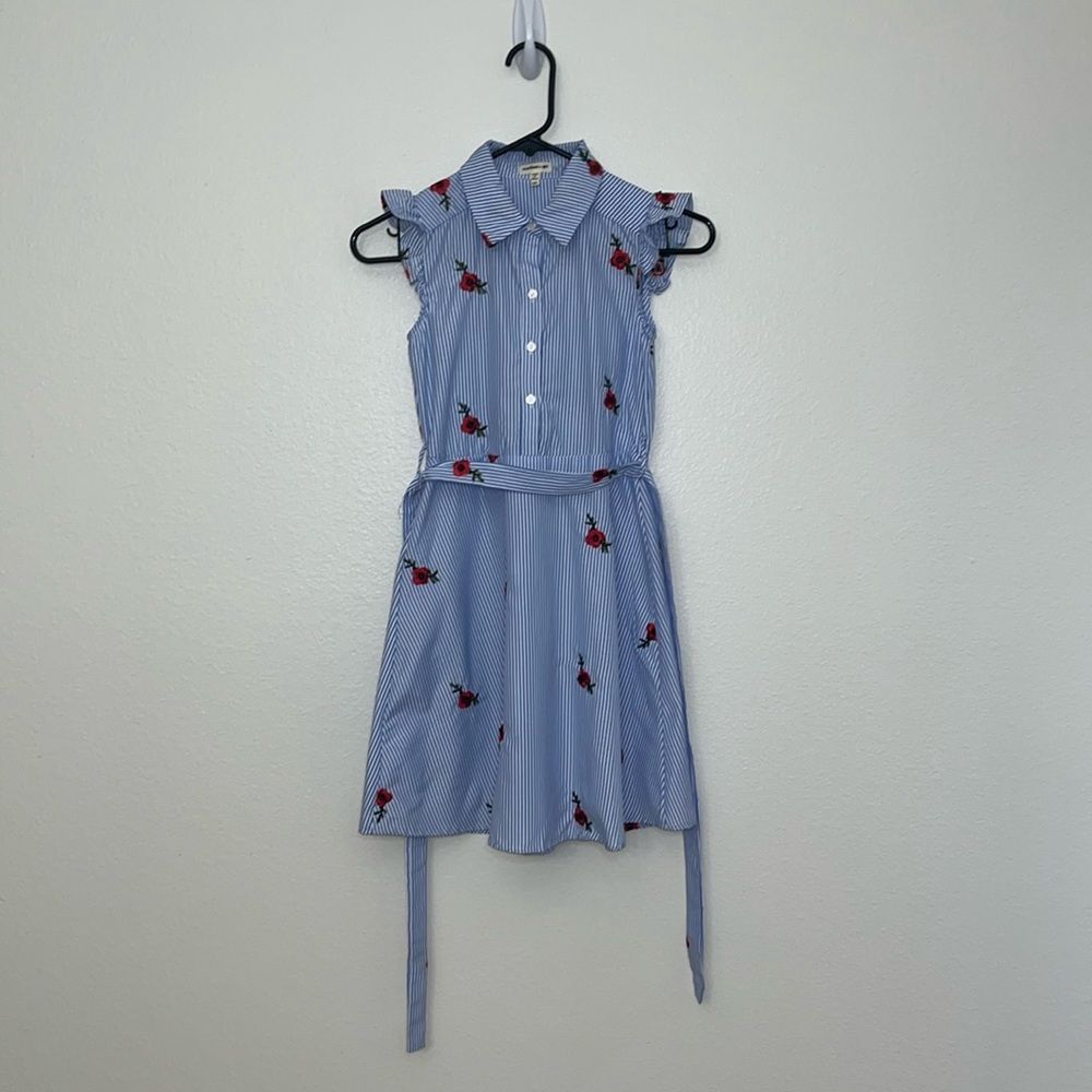 Monteau girl Sz 10(M) Stripped with Floral Embroidery Belted Shirt Dress NWOT